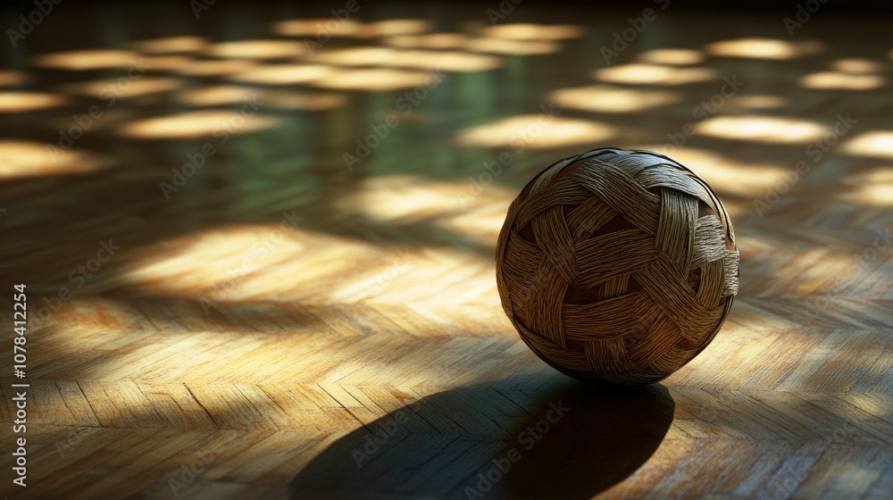 Sepak Takraw ball centered on a gym floor, with wooden texture and ...