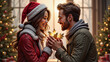 © deFusum - Christmas Eve proposal. Joyful holiday connection: Couple in festive attire sharing a magical moment with a golden leaf, surrounded by Christmas trees and lights.