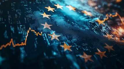 Eu flag with financial graph symbolizes economic stability and growth.