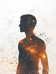 Aufkleber - A human silhouette representing scientific inquiry is encircled by molecular structures and abstract diagrams illustrating concepts of biology. Generative AI