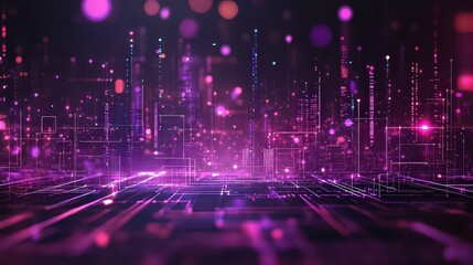 Wall Mural -  Futuristic digital landscape with vibrant pink and purple lights, showcasing a glowing matrix of lines and circuits. Abstract representation of technology and connectivity.