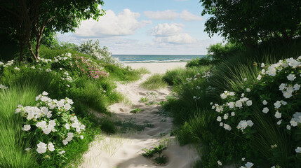 Sticker - Serene Coastal Garden with Sea Grass and White Flowers