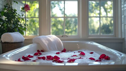 Canvas Print - Simple white bathtub with bubbles and rose petals, set in a serene bathroom with a large window and natural light