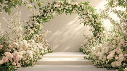 Canvas Print - White floral archway with steps and light streaming through.