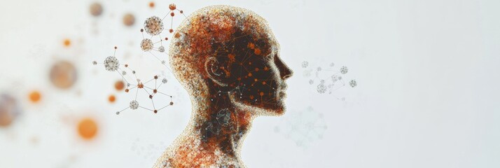 Fototapete - A human silhouette surrounded by colorful molecules and diagrams, symbolizing the connection between science and humanity. Generative AI