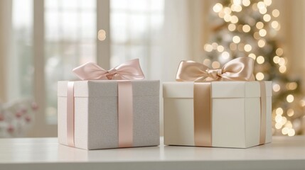 Wall Mural - Two beautifully wrapped gift boxes on a table near a decorated Christmas tree in a cozy living room setting