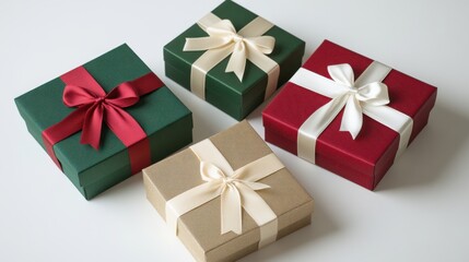 Wall Mural - Four beautifully wrapped gift boxes in festive colors arranged on a table for a cheerful holiday celebration