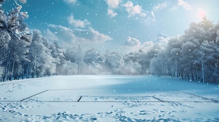 Wall Mural - A soccer field covered in snow with a goal in the background. Scene is cold and serene