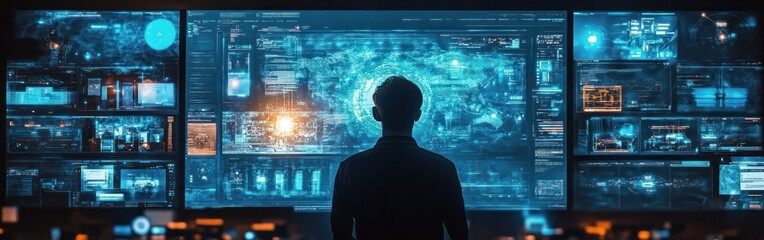 A person stands in front of a large screen displaying a digital map and data.
