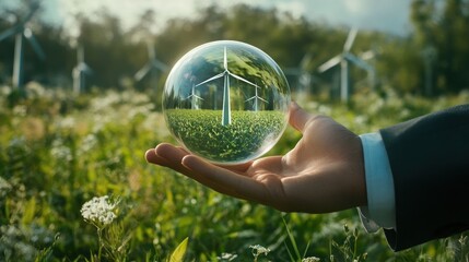 A businessman holds a crystal ball reflecting a field of wind turbines.