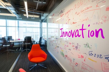 Wall Mural - Bright office space with a creative atmosphere showcasing the word 'Innovation' on a whiteboard.