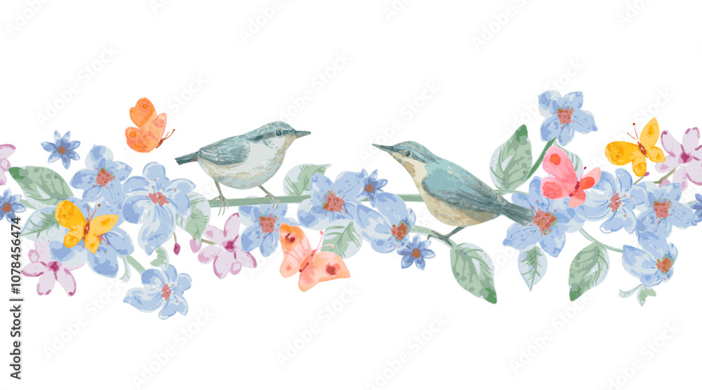 watercolor floral seamless border with couple of birds, butterflies and ...