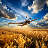 A classic propeller airplane glides over a golden wheat field