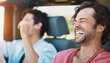 © peopleimages.com - Car, laughing and men on road trip together for outdoor adventure, transport and relax on vacation. Travel, journey and happy friends in van for drive, holiday and funny bonding on carefree getaway