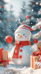 Wall Mural - Christmas celebration illustration, cute 3D decorative card , snowman and gift box