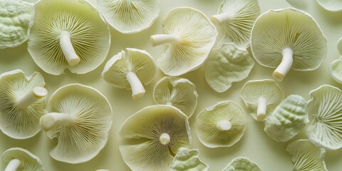 Wall Mural - Light green mushrooms set against a paper backdrop create a unique visual, highlighting the pale green hues and intricate details of the mushrooms on the soft background.