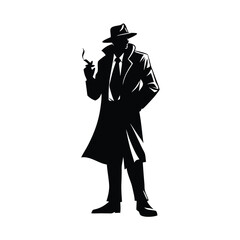 Wall Mural - A man in a black coat and hat smoking a cigarette. He is standing in front of a white background