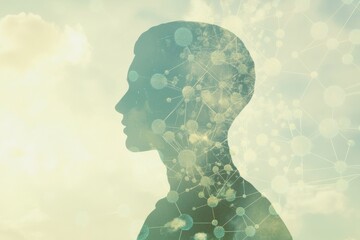 Fototapete - The silhouette of a person is filled with intricate molecular structures and diagrams, symbolizing innovation and scientific discovery. Generative AI