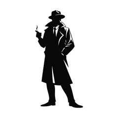 Wall Mural - A man in a black coat and hat smoking a cigarette. He is standing in front of a white background