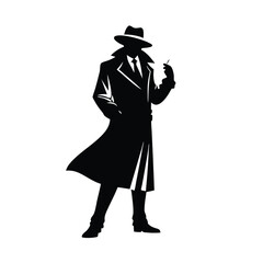 Wall Mural - A man in a black coat and hat smoking a cigarette. He is standing in front of a white background