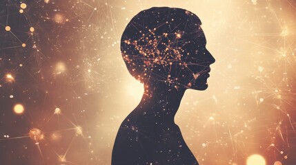 Poster - A human silhouette is illuminated by a backdrop of molecular designs and scientific diagrams, symbolizing knowledge and ideas. Generative AI