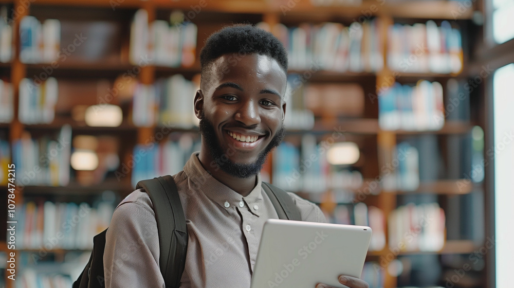 Student Using Screenreader Smiling student using touchscreen device in a library Stock Photo ...