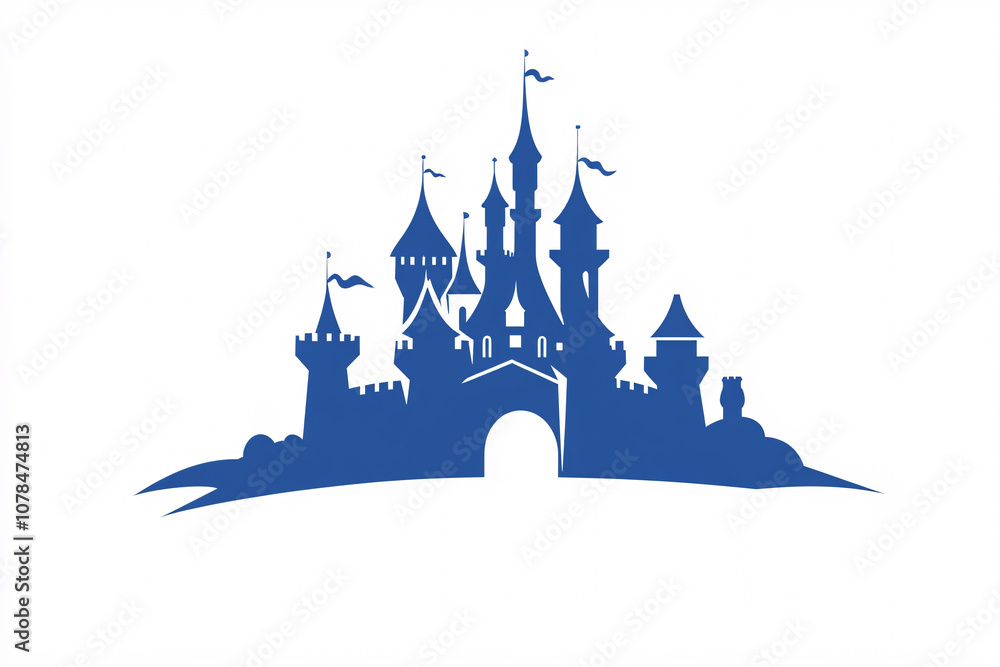 Classic castle silhouette in blue with tall towers and flags conveying ...