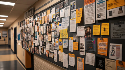 hallway bulletin board filled with assorted flyers, posters, and notices on gray background in an ac