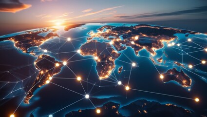 Telecommunication technology with connections around Earth viewed from space. Internet, IoT, cyberspace, global business, innovation, big data