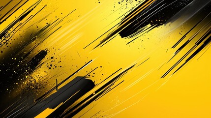Fototapete - Dynamic black and yellow abstract background with sharp brush strokes and splatters