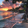 © elenarostunova - Sunset or sunrise in Negril. View of a sandy beach and the ocean. Wooden pier stretching into the sea.