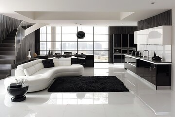 Modern black and white stylish kitchen with living room interior design