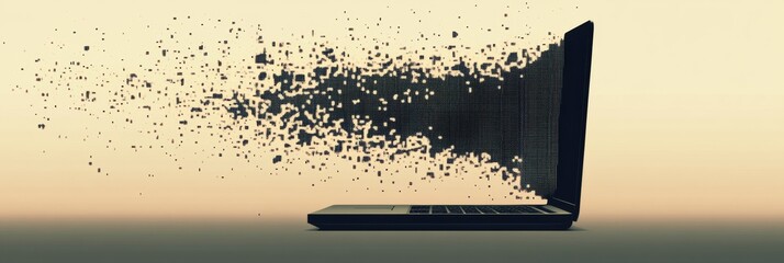 Poster - A laptop emits pixel elements, symbolizing the transformation and evolution of technology in a modern workspace setting. Generative AI
