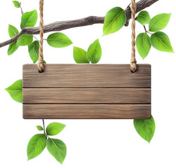 Wooden sign hung with ropes from a tree branch. Advertisement, sale, notice, mockup.