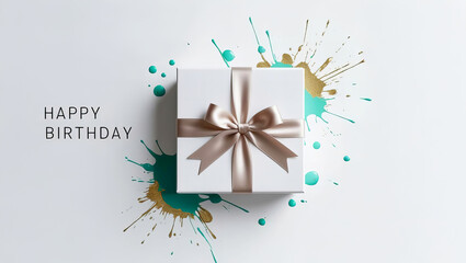 Wall Mural - A Minimalist Birthday Gift: A simple and elegant illustration of a white gift box with a golden bow. Green. Happy Birthday. 4