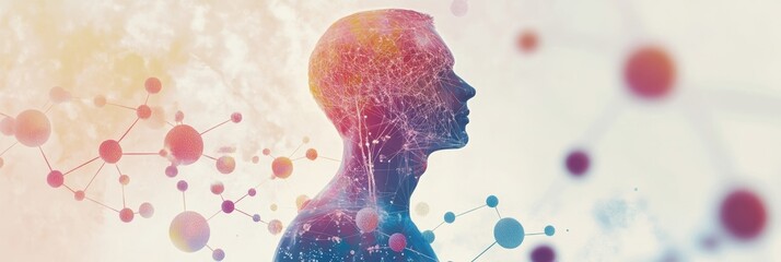 Fototapete - A human silhouette surrounded by colorful molecules and diagrams, representing the fusion of science and human understanding in a conceptual layout. Generative AI