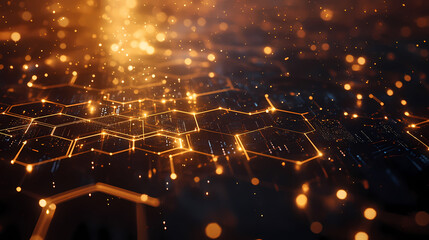 Futuristic hexagonal pattern filled with thin lines interconnecting glowing hexagons. In this background, hexagons represent digital interfaces or tech systems.