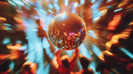 close-up of shiny disco ball over dance floor full of dancing people, blurred background