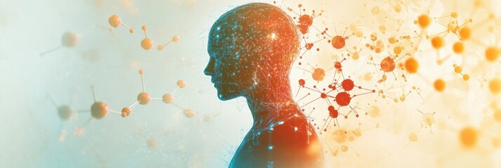 Fototapete - A human silhouette is surrounded by intricate molecular diagrams, symbolizing the intersection of science and human understanding. Generative AI