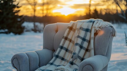 Canvas Print - A cozy armchair with a blanket on it, sitting in a snowy field at sunset.