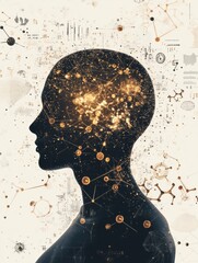 Fototapete - A silhouette represents human understanding, intertwined with molecular structures and diagrams, highlighting the pursuit of knowledge. Generative AI