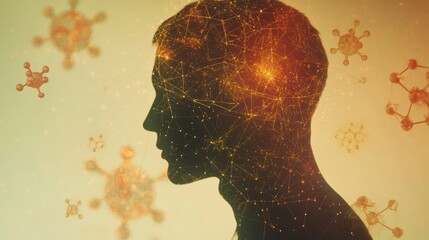 Aufkleber - A human silhouette is surrounded by molecular structures and diagrams, representing the intersection of science and human intellect. Generative AI