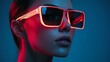 © Andrii Savchuk - Stylish woman in pink and blue glasses with neon background