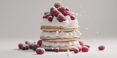 Wall Mural - Stack of pancakes topped with fresh berries and cream