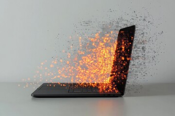 Poster - A laptop appears to disintegrate into glowing pixel elements, creating a dynamic visual effect on a clean workspace. Generative AI