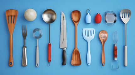 Wall Mural - A flat lay of various kitchen tools and utensils arranged on a blue background.