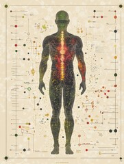 Poster - A silhouette of a human figure is highlighted against a backdrop of molecules and scientific diagrams, showcasing intricate connections. Generative AI