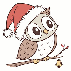 Wall Mural - A cute cartoon owl wearing a Santa hat and perched on a branch with a bell. Perfect for Christmas cards, gift wrap, or any holiday project.