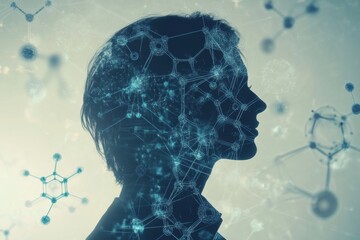Fototapete - A human silhouette is surrounded by intricate molecular structures and scientific diagrams, illustrating the fusion of science and identity. Generative AI