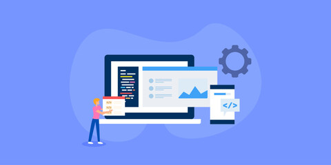 Software and mobile application development, website coding concept, business technology.